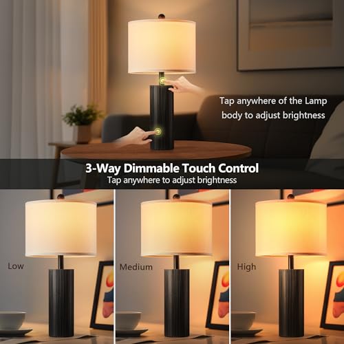 24.5-Inch Black Table Lamps Set of 2 with Touch Control & USB Charging Ports