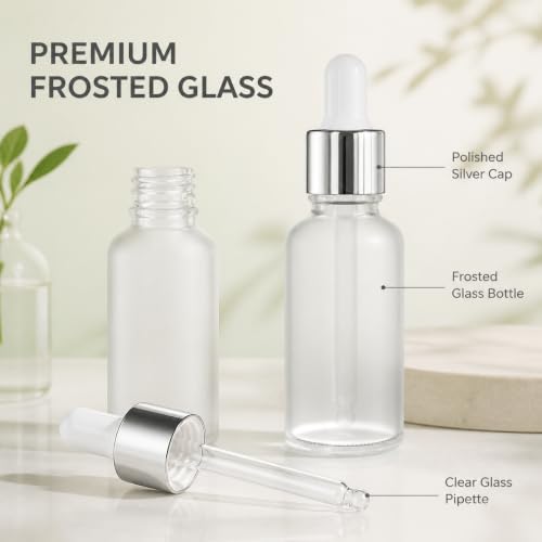 PrettyCare 1oz Frosted Glass Eye Dropper Bottles 24 Pack with Leakproof Silver Caps & Labels