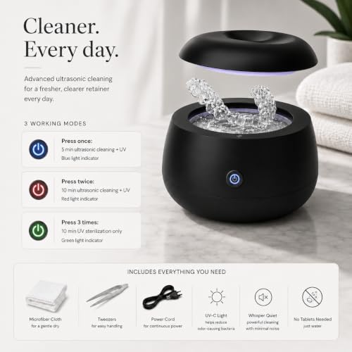 Ultrasonic Retainer Cleaner with UV Light - 48kHz Deep Clean for Invisalign & Dentures - Black