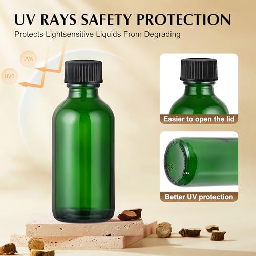 Small Glass Bottles with Lids Boston Round Shot Bottles for Health, Immunity, Ginger Juice, Essential Oils, Potion - Leak Proof Mini Travel Containers (Green UV, 2oz-48Pack)