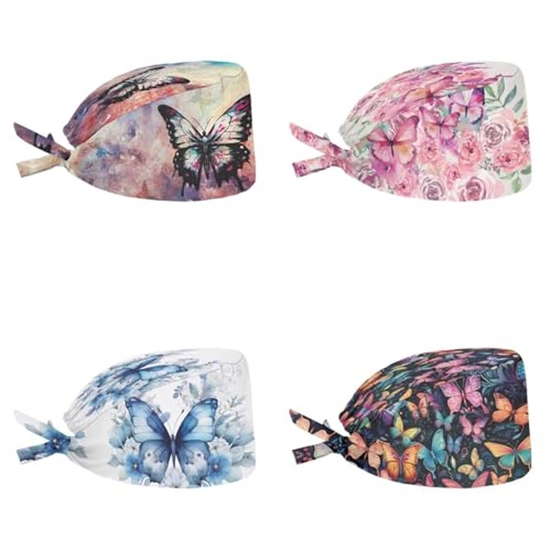 Belidome Scrub Hats Women Bouffant Long Hair Covering Headgear 4 Pcs Fashional Cap