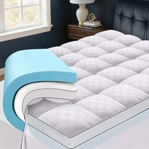 Easthome Full Size Dual Layer Memory Foam Mattress Topper - White, 4 Inch Thick, Gel & Pillow Top