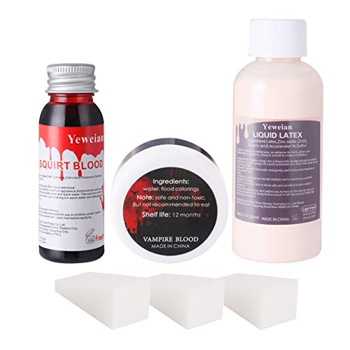 Liquid Latex SFX Makeup Kit, 2.1Oz Latex Liquid with Coagulated Fake Blood Gel, Squirt Blood and Stipple Sponge, Halloween Monster Zombie Clown Makeup for Scald Burn Scar Wound,Cut,Skin Decay