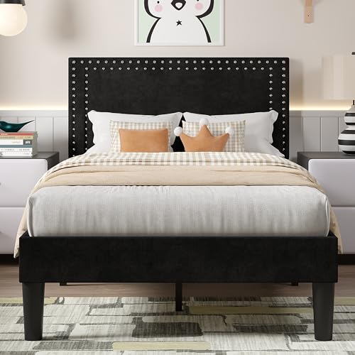 Twin Size Upholstered Bed Frame with Adjustable Headboard, Modern Platform Design, Black - No Box Spring Needed