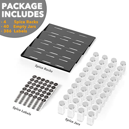 SpaceAid 40 Jars Spice Drawer Organizer with 386 Labels, 4-Tier Rack, 18.5" Wide