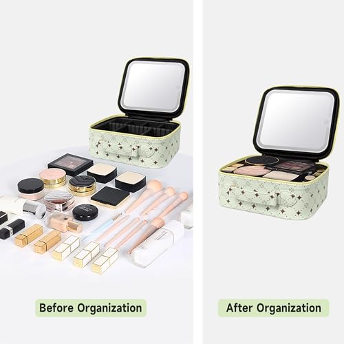 Travel Makeup Bag with 360° Rotating LED Mirror Waterproof Organizer - Green & Yellow