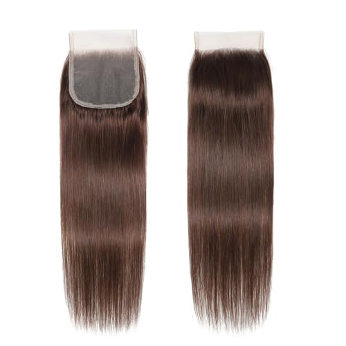 Chocolate Brown Closure #4 4x4 Free Part Human Hair Extensions 12 Inch - Straight Wave, Bleached Knots, Pre-plucked