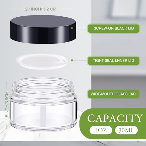 Domensi 100 Pcs 1 oz Glass Jars with Lids Bulk Round Glass Cosmetic Jars for DIY Lip Balm Small Travel Containers with Inner Liner for Lotions Powders Ointments Sample Cream(Clear, Black)