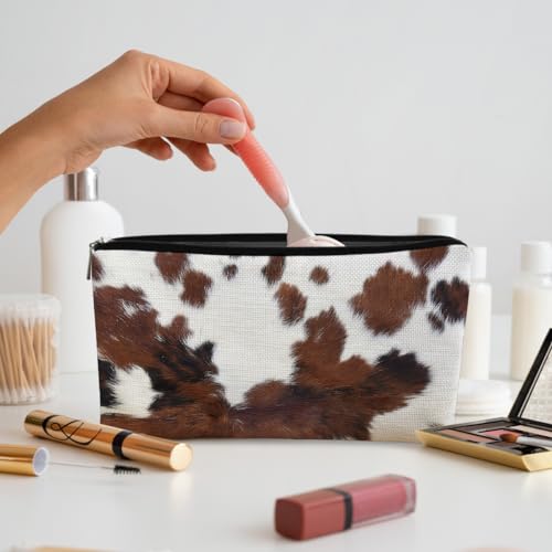 Western Makeup Bag, Cow Print, Cosmetic Bag, Women's Accessory, Brown