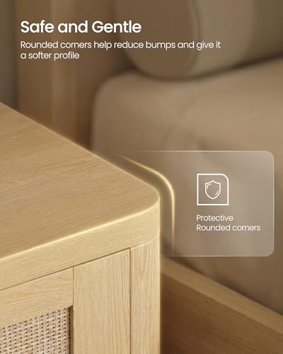 VASAGLE Boho Nightstands Set of 2 with Rattan Look Drawer - Oak Beige, 15"D x 18.9"W x 23.6"H