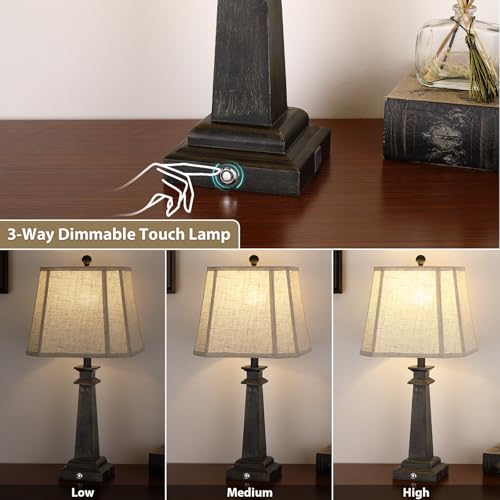 Farmhouse Black Table Lamps Set of 2 - 27.5 inch Touch Dimmable Nightstand Lamps with USB Ports - Vintage Linen Shade