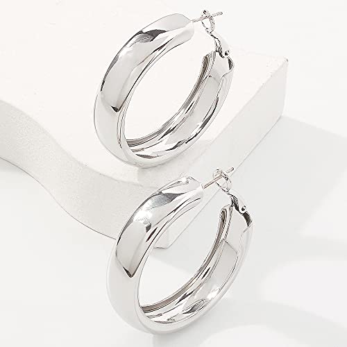 JWICOS Silver Lightweight Chunky Hoop Earrings for Women Tube Acrylic Large Round Open Loop Earrings (Silver)