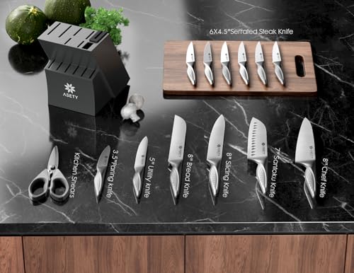 ASETY Steel Gray 15-Piece Knife Block Set - Premium Stainless Steel Kitchen Cutlery