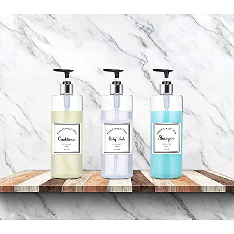 Marsui 3 Pcs Clear Soap Dispenser Set 25 oz Plastic Pump Bottles Dispenser with 6 Label Sticker Kitchen Bathroom Refillable Liquid Dispensers for Lotion Body Wash Hand Dish Soap(Black and Silver)