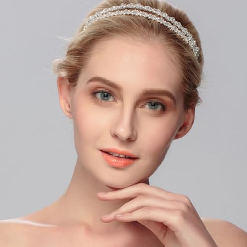 Double Layer Silver Hair Hoop Rhinestone Headband for Bridal Weddings