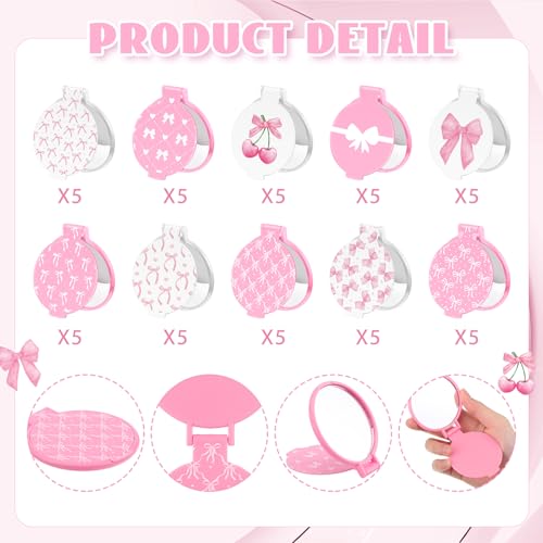 Pink Bow Compact Mirrors Bulk - 50 Pcs Coquette Party Favors, Pink & White Variation
