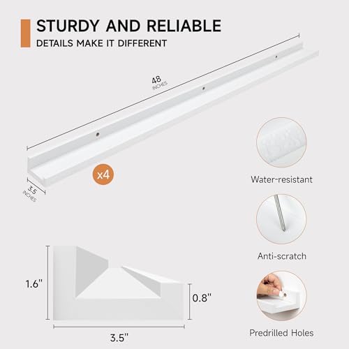 White 48-Inch Picture Ledge Shelf Set of 4 Wall Mounted Photo & Book Shelves