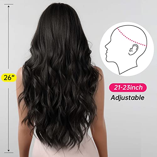 BERON Natural Black Long Wavy Wig with Bangs, Heat‑Resistant Synthetic, 65cm, Adjustable Cap