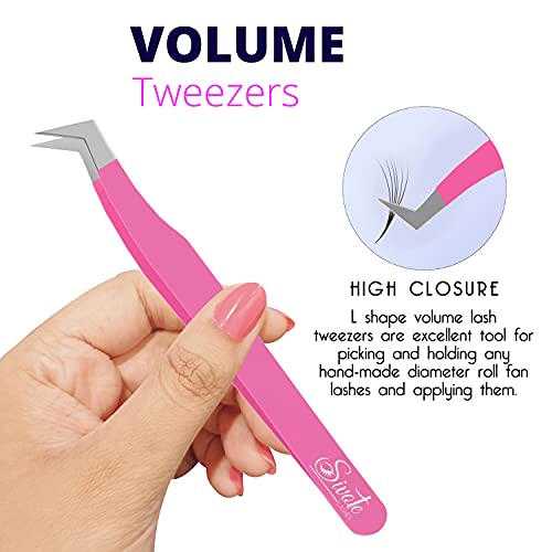 SIVOTE Volume Lash Tweezers for Eyelash Extensions ? Professional Stainless Steel Straight & Curved Tips ? Precision Lash Extension Tweezers Set for Volume & Classic Lashes (Pack of 3, Pink)