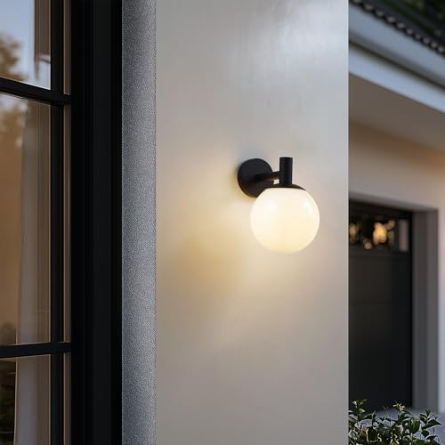Outdoor Globe Wall Light Fixture - Modern Black Sconce with Opal Glass Shade for Porch, Patio, and Balcony