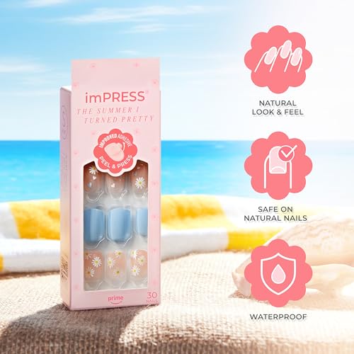 KISS | The Summer I Turned Pretty Press On Nails, Blue & White, Daisy Floral Design, Short Squoval, 30 Fake Nails, Prep Pad, Mini Nail File, & Manicure Stick