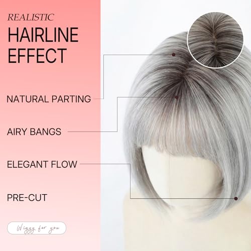 Grey Short Straight Synthetic Wigs for Women - 12 Inch Bob, Glueless, Heat-Resistant, Natural Look - Variation: Grey