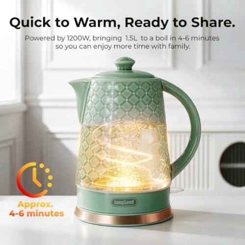 1.5L Ceramic Electric Kettle - Green Embossed Relief Design, Fast Boil, Auto Shut-Off