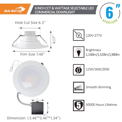 6 Inch LED Recessed Light with J-Box - Dimmable, 3 CCT, 120-277V, 4 Pack