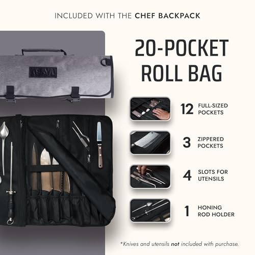 Asaya Grey Chef Knife Backpack with 20-Pocket Knife Roll - Professional Culinary Bag