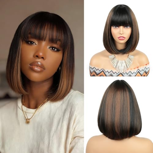 RSPO9# 10-Inch Straight Bob Wig with Bangs and Brown Highlights – Breathable Cap, Glueless Synthetic Short Wig for Women