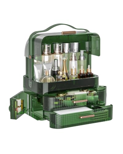 Large Transparent Makeup Organizer Box with Green Lid & Drawers - Dustproof Waterproof Storage