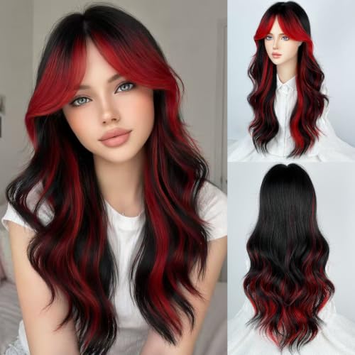 WTHCOS Black Red Ombre Cosplay Wigs for Women Long Curly Wavy Heat-Resistant Synthetic Hair with Curtain Bangs