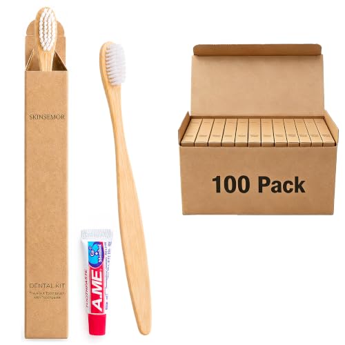100 Pack Travel Bamboo Toothbrushes with Toothpaste 6g Individually Wrapped - Guest & Hotel Amenities