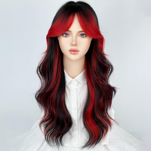 WTHCOS Black Red Ombre Cosplay Wigs for Women Long Curly Wavy Heat-Resistant Synthetic Hair with Curtain Bangs
