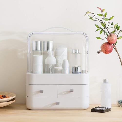 Radiant Youth Makeup Organizer, Modern Cosmetic Organizer Makeup Storage Holder, Display Make up Caddy Shelf Organization Boxes Case Dustproof w/Handle and Drawer on Countertop