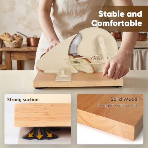 Cream Manual Bread Slicer with Adjustable Thickness, Hand Crank & Solid Wood Base