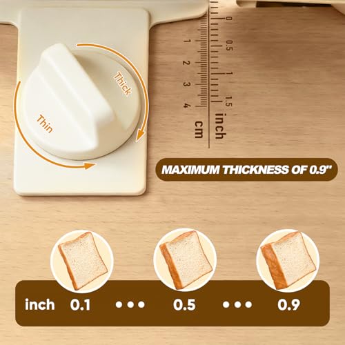 Cream Manual Bread Slicer with Adjustable Thickness, Hand Crank & Solid Wood Base