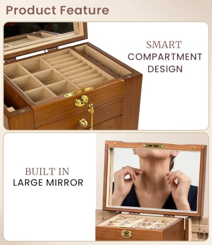 Wood Jewelry Box Organizer with Lockable Drawers & Mirror - 5 Compartments
