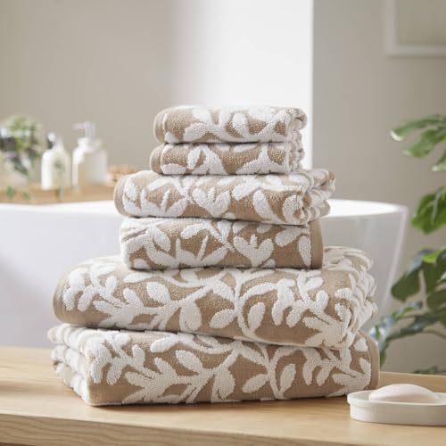 Taupe Floral 6-Piece Bath Towel Set - Cotton Plush, Absorbent & Soft