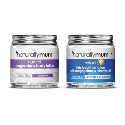 NaturallyMum - Magnesium Body Lotion Bundle for Mum and Kids - Support for Sleep, Heart, Bone, Nerve, Gut and Muscle Health - Adult Lavender - Kids Vitamin D Lavender & Chamomile - 2 x 4 fl oz