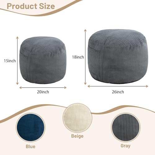 Grey Round Stuffed Ottoman 26 Inch Soft Corduroy Pouf Footstool - Manyday Variation