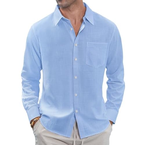 J.VER Men's Linen Shirts Casual Button Down Long Sleeve Shirt Solid Spread Collar Summer Beach Shirts with Pocket