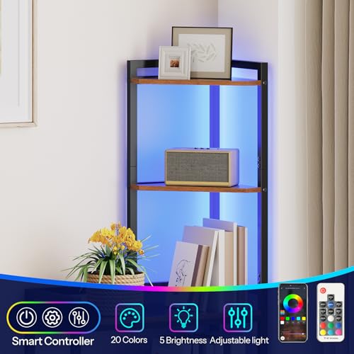 Corner Shelf with LED Light & Storage Stand - Rustic Brown + Black, 56.3" Tall