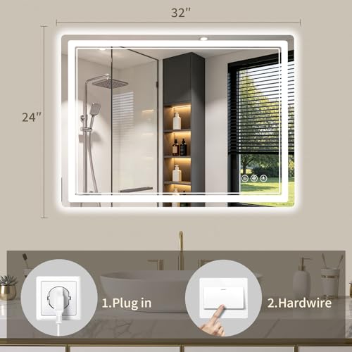 24x32 Inch LED Bathroom Mirror with Lights, Anti-Fog, Dimmable, Wall Mount, Horizontal/Vertical - Variation of THIS listing
