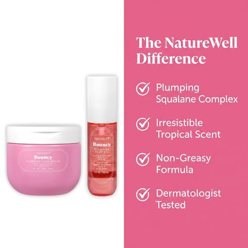 NATURE WELL Bouncy Plumping Body Oil & Body Cream Bundle, Fast-Absorbing, Designed to Support Skin Elasticity, Smoothness, & Bounce, Scented with Tuberose, Dragonfruit, Lychee & Golden Amber