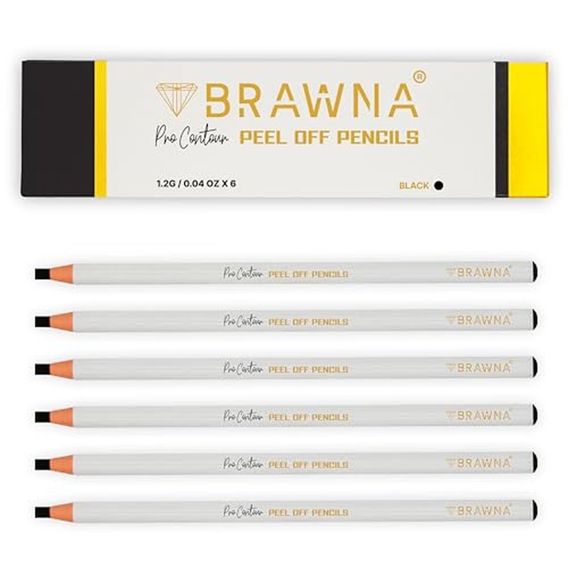 BRAWNA 6 Pcs Brow Pro Peel Off Pencils - Waterproof Eyebrow Mapping Pencil - Microblading Supplies - PMU Kit - Black
