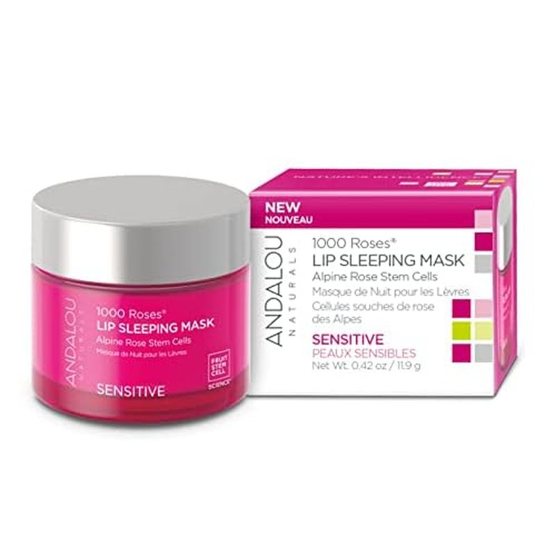 Andalou Naturals Mask 1000 ROSES, Overnight Sleeping Mask for Dry, Chapped Lips, Plumping, Hydrating & Soothing Balm with Alpine Rose Stem Cells, Vegan & Cruelty-Free, 0.42 O