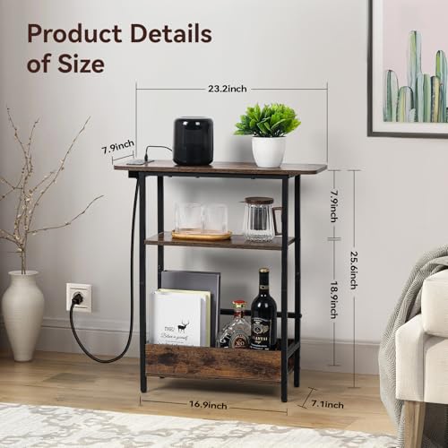 Narrow End Table with USB-C Charging Station - 3-Tier Slim Side Table - USB-C Model