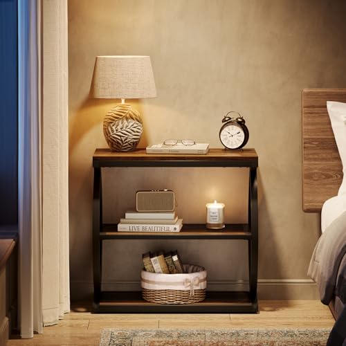 Narrow Rustic Brown End Table with 3 Tiers - Industrial Farmhouse Side Nightstand