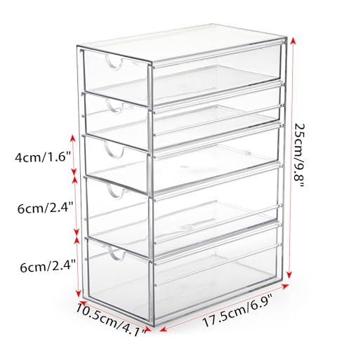 Hipiwe 5-Drawer Plastic Storage Organizer for Hair Accessories, 6.9Lx4.1Wx9.8H - Clear